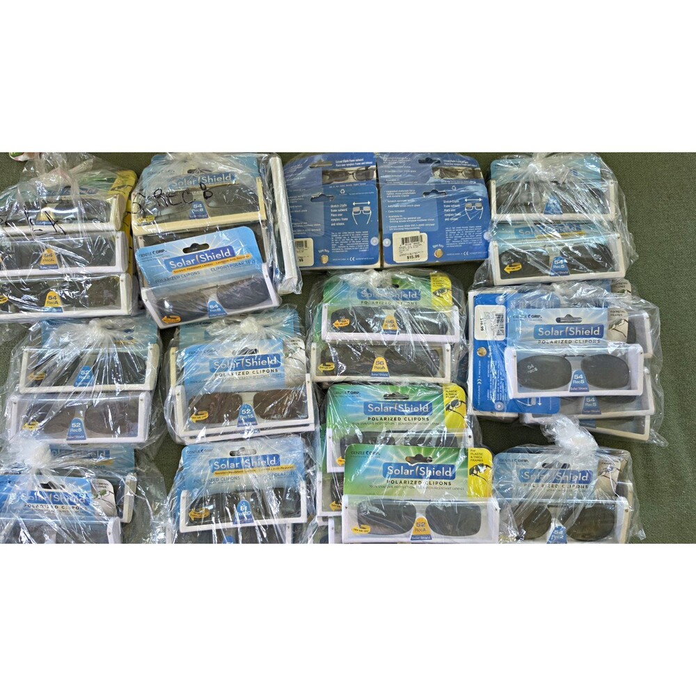 65 PC Lot Solar Shield Polarized Clip On Sunglasses Rectangle NOS Eyewear